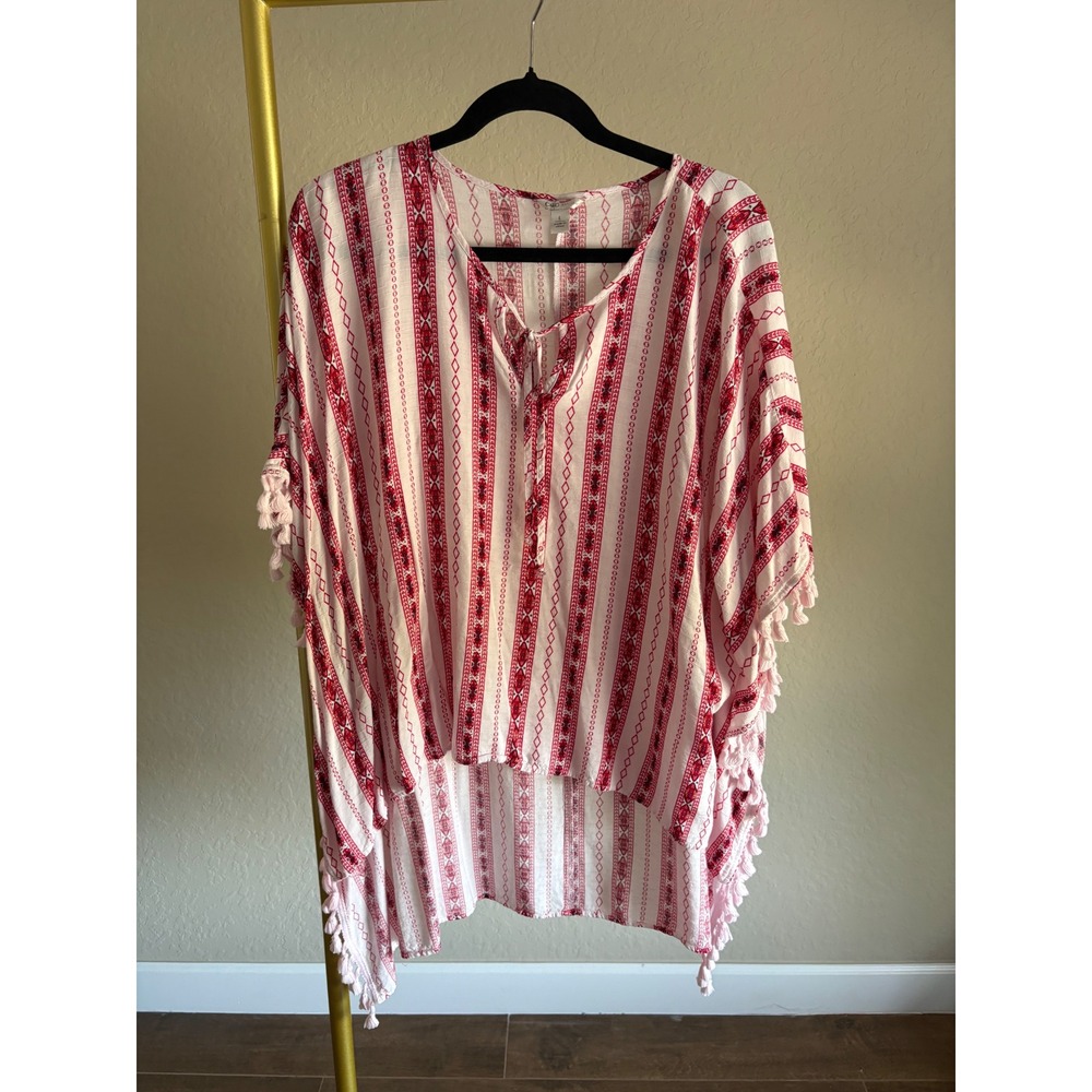 Poncho Top Pink Red Tribal Print Tassel Large Boho Festival 70s Retro